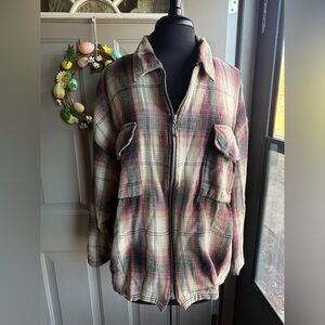 Vintage 90s Protest Blues zipper front plaid collared shirt jacket, size large